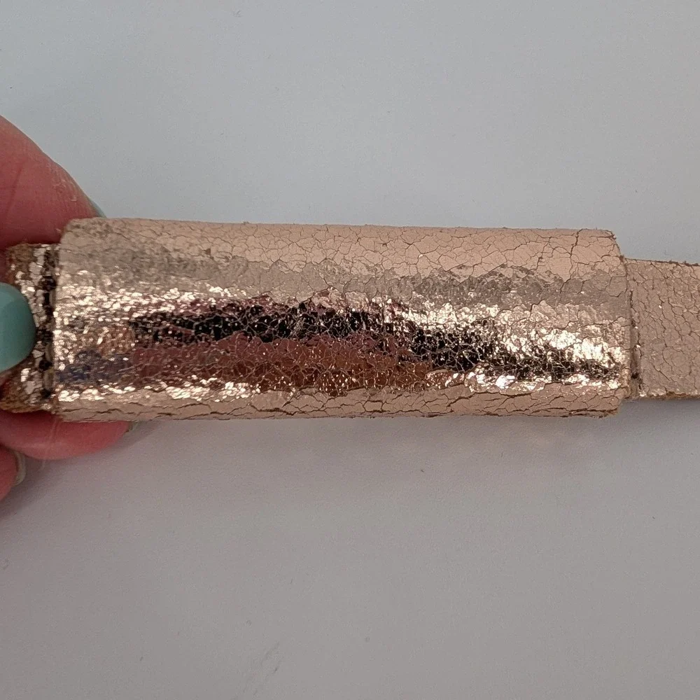 Amsterdam Heritage Skinny Leather Belt Womens Rose Gold Metallic Slide Buckle